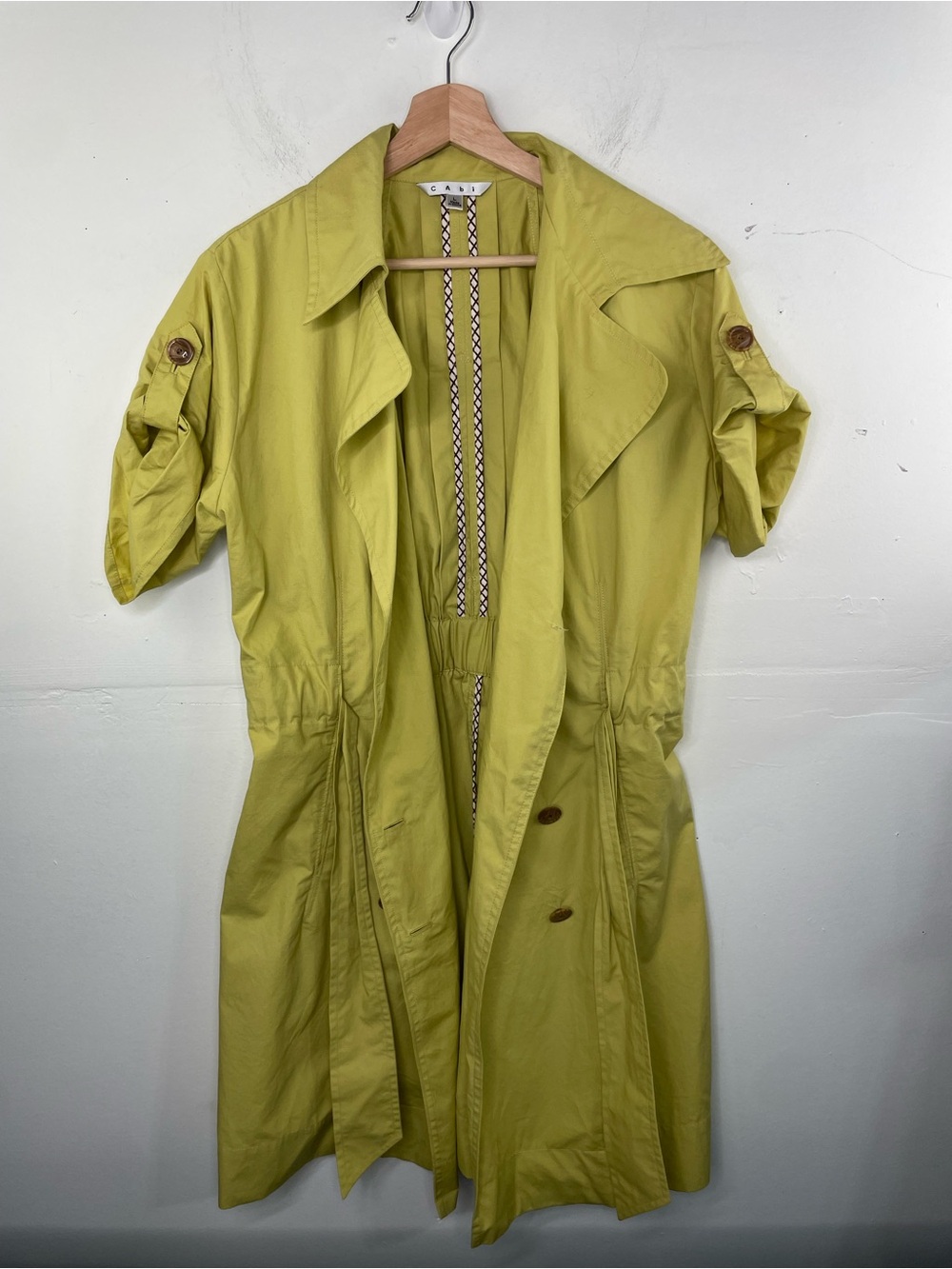 Cabi Loaquat Safari Trench Coat Dress Pockets Yellow Green Size Large Cotton - Picture 3 of 15
